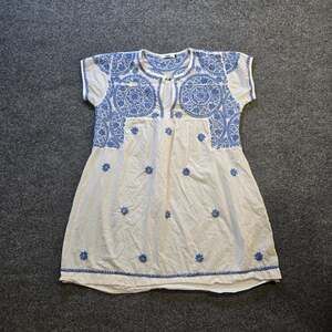 Dolma Dress Womens Large White Blue Embroidery Short Sleeve Lightweight Casual